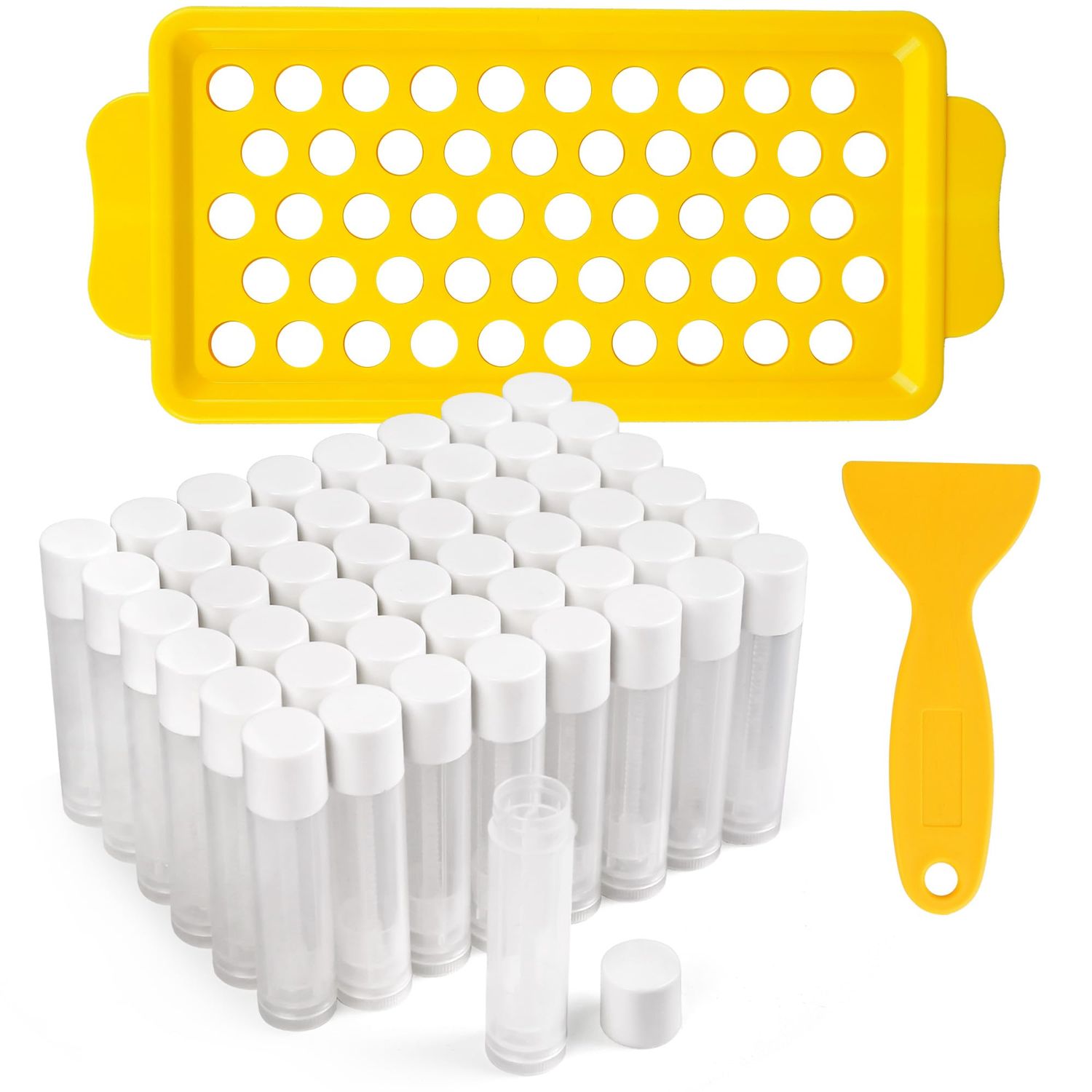 LotFancy Lip Balm Tubes with Filling Tray and Spatula, 50Pcs 5.5ml (3/16 Oz) Clear Lip Balm Containers with White Caps, BPA Free &amp; Leak Free Lip Balm Making Kit