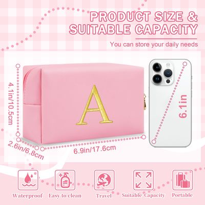 Personalized Gift Initial Makeup Bag,Preppy Gold Embroidered Letter Cosmetic Bag Stocking Stuffers for Teen Girls,Small Travel Toiletry Bag,Custom Christmas Birthday Gift for Women Mom Kids(Pink-A)