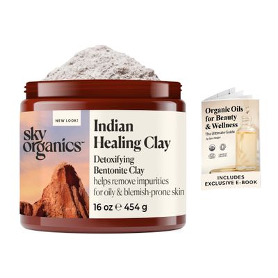 Sky Organics - Indian Healing Clay, 16 oz - Detoxifying Bentonite Clay Powder - Exfoliating Face Mask - Pore Cleaner - Combination &amp; Oily Skin - Natural, Vegan &amp; Cruelty Free - Skin Care w Ebook