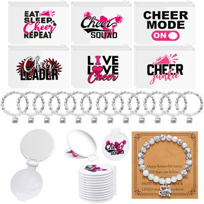 Locmeo 36 Pcs Cheerleader Gifts Set Including 12 Pcs Portable Zipper Cheer Makeup Bag 12 Pcs Compact Mirror 12 Pcs Cheer Bracelet Cheerleader Party Favors for Women Cheerleading Team Teammates