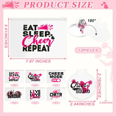 Locmeo 36 Pcs Cheerleader Gifts Set Including 12 Pcs Portable Zipper Cheer Makeup Bag 12 Pcs Compact Mirror 12 Pcs Cheer Bracelet Cheerleader Party Favors for Women Cheerleading Team Teammates