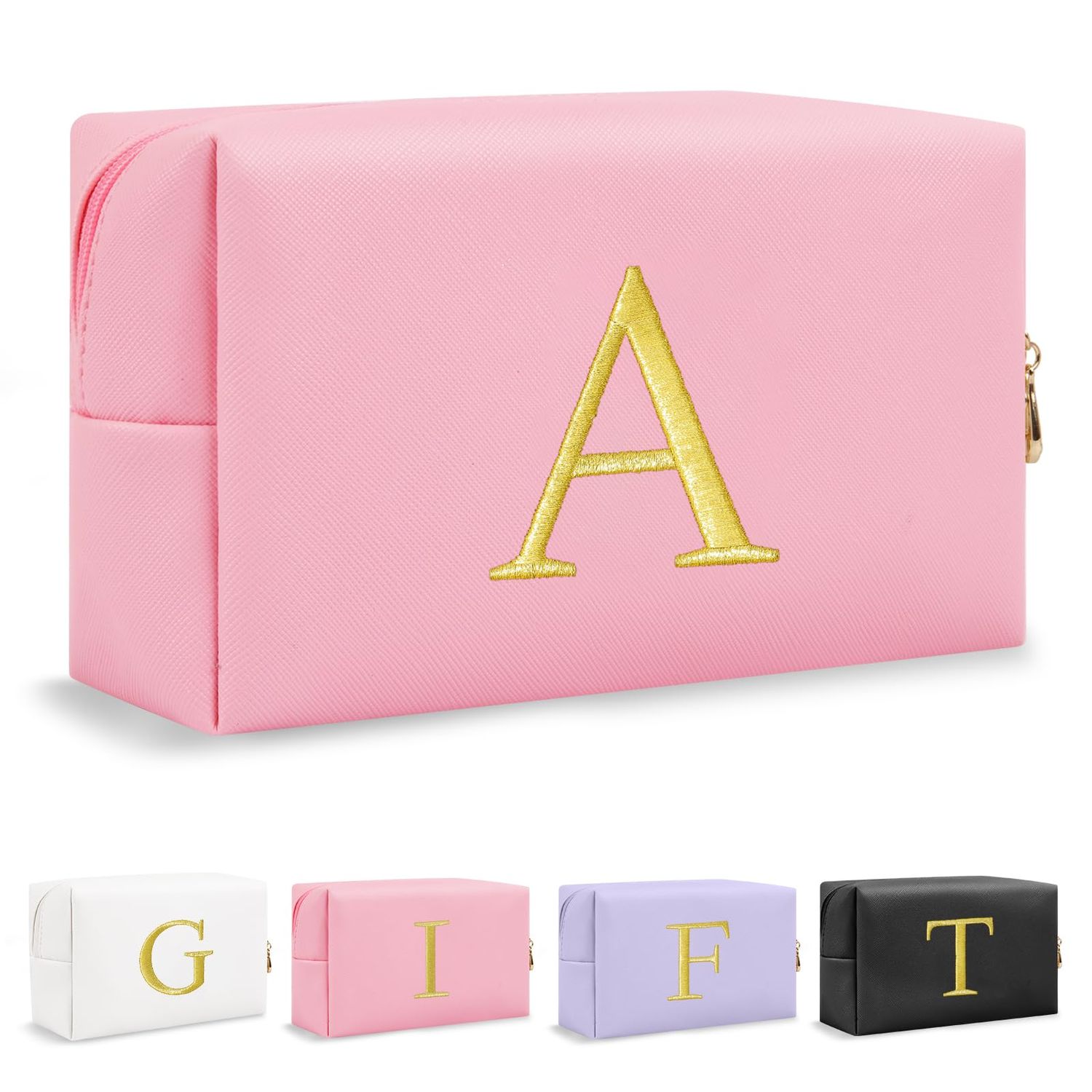 Personalized Gift Initial Makeup Bag,Preppy Gold Embroidered Letter Cosmetic Bag Stocking Stuffers for Teen Girls,Small Travel Toiletry Bag,Custom Christmas Birthday Gift for Women Mom Kids(Pink-A)