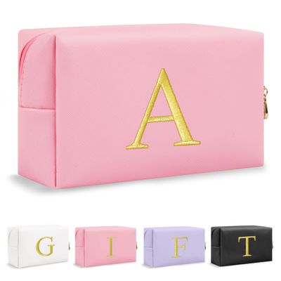 Personalized Gift Initial Makeup Bag,Preppy Gold Embroidered Letter Cosmetic Bag Stocking Stuffers for Teen Girls,Small Travel Toiletry Bag,Custom Christmas Birthday Gift for Women Mom Kids(Pink-A)