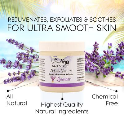 The Keys Salt Scrub - Lavender Sea Salt Scrub - Exfoliating Body Scrub with Wooden Spoon - Moisturizing Exfoliator for Face, Hands, Foot, Bath, Manicure/Pedicure &amp; Bikini Area Skin Care (3pcs, 3.4oz)