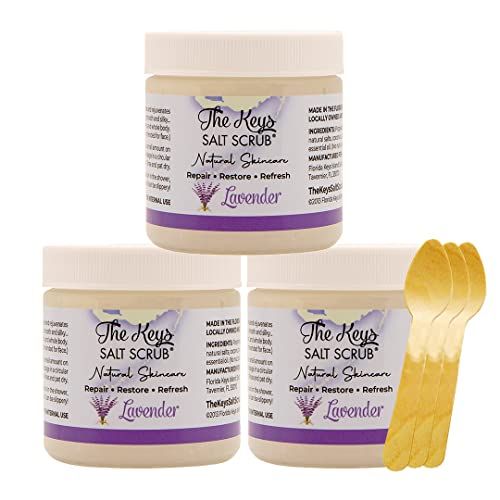 The Keys Salt Scrub - Lavender Sea Salt Scrub - Exfoliating Body Scrub with Wooden Spoon - Moisturizing Exfoliator for Face, Hands, Foot, Bath, Manicure/Pedicure &amp; Bikini Area Skin Care (3pcs, 3.4oz)