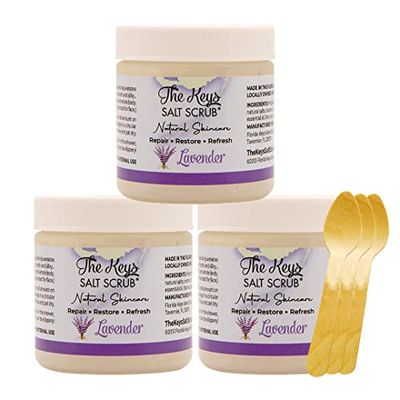 The Keys Salt Scrub - Lavender Sea Salt Scrub - Exfoliating Body Scrub with Wooden Spoon - Moisturizing Exfoliator for Face, Hands, Foot, Bath, Manicure/Pedicure &amp; Bikini Area Skin Care (3pcs, 3.4oz)