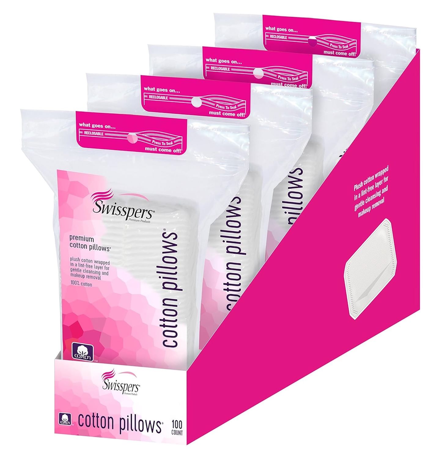 Swisspers Premium Cotton Pillow - 100 Count (Pack of 4) - Ultra-Soft, Hypoallergenic Cotton Pads with Precision Grip for Gentle Skincare and Makeup Removal - Lint-Free Cleaning