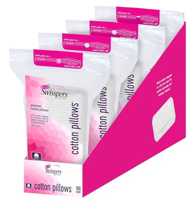 Swisspers Premium Cotton Pillow - 100 Count (Pack of 4) - Ultra-Soft, Hypoallergenic Cotton Pads with Precision Grip for Gentle Skincare and Makeup Removal - Lint-Free Cleaning