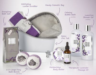 Valentines Bath Gift Basket Set for Women: Relaxing at Home Spa Kit Scented - Lavender and Jasmine with Large Bath Bombs, Salts, Shower Gel, Body Butter Lotion, Bath Oil, Bubble Bath, Loofah &amp; More