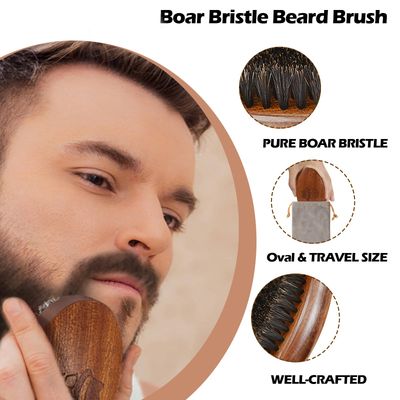 Walnut Wood Grooming Set for Men: Boar Bristle Brush, Beard Comb, Mustache Scissors, and Travel Bag