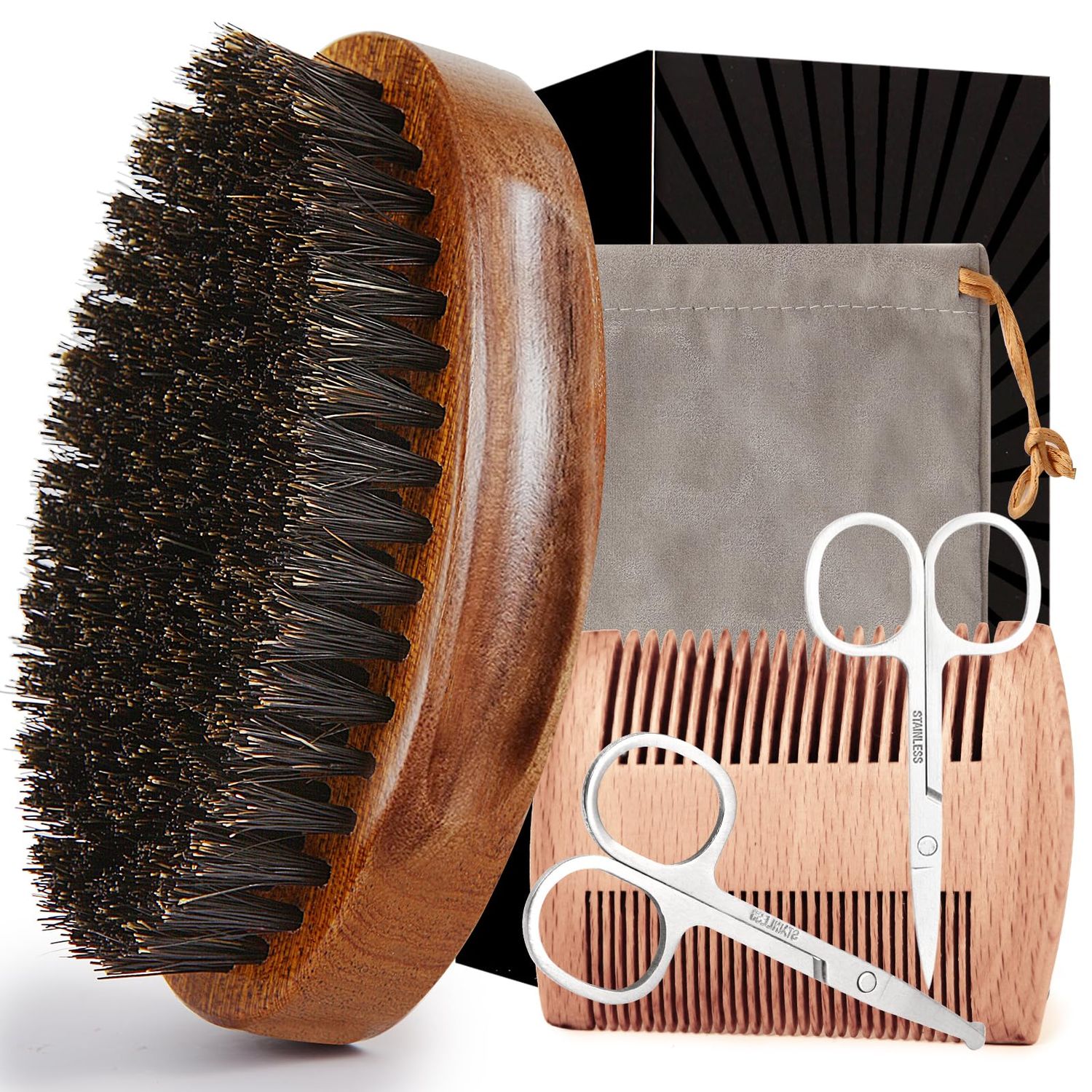 Walnut Wood Grooming Set for Men: Boar Bristle Brush, Beard Comb, Mustache Scissors, and Travel Bag