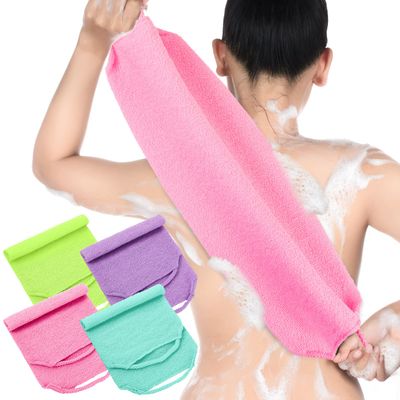 Moukeren Exfoliating Back Scrubber with Handles 4 Packs Nylon Back Exfoliator Extended Length Back Washers Scrubbers Stretchable Pull Strap(Pink, Blue, Fluorescent Green, Purple)
