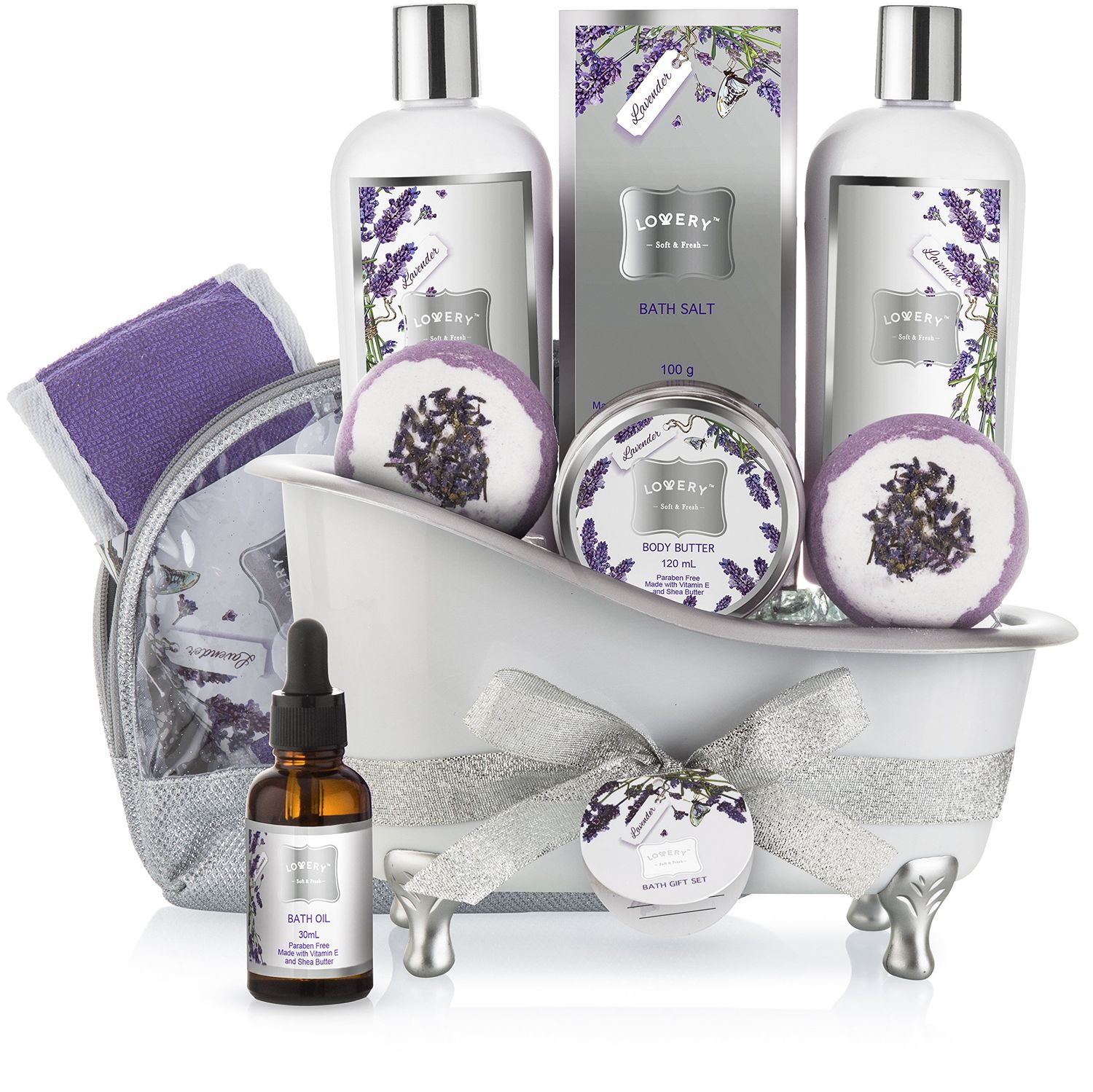 Valentines Bath Gift Basket Set for Women: Relaxing at Home Spa Kit Scented - Lavender and Jasmine with Large Bath Bombs, Salts, Shower Gel, Body Butter Lotion, Bath Oil, Bubble Bath, Loofah &amp; More