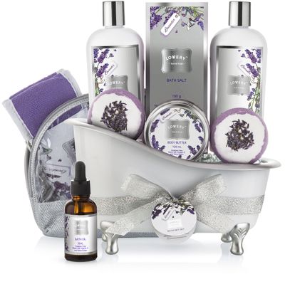 Valentines Bath Gift Basket Set for Women: Relaxing at Home Spa Kit Scented - Lavender and Jasmine with Large Bath Bombs, Salts, Shower Gel, Body Butter Lotion, Bath Oil, Bubble Bath, Loofah &amp; More