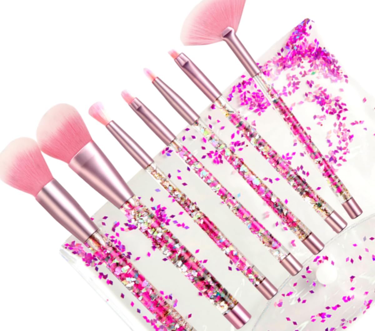RAEEIKPHZ Sparkle Pink Makeup Brushes Set,Unicorn Glitter 7pc Foundation Blush Lip Nose Eyeshadow Eyebrow Loose Powder Fan Make Up Brushes Kit with Liquid for Kids Girls Teen Women Gift Present