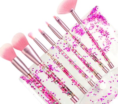RAEEIKPHZ Sparkle Pink Makeup Brushes Set,Unicorn Glitter 7pc Foundation Blush Lip Nose Eyeshadow Eyebrow Loose Powder Fan Make Up Brushes Kit with Liquid for Kids Girls Teen Women Gift Present