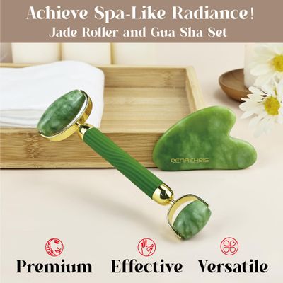 Rena Chris Face Roller &amp; Gua Sha Set, Natural Jade Massage Tools for Jawline Sculpting and Puffiness Reducing, Beauty &amp; Skincare