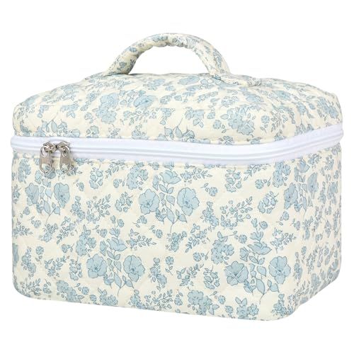SOIDRAM Large Makeup Bag Quilted Makeup Bags Cute Cosmetic Bag for Women Girls Floral Coquette Aesthetic Toiletry Bag Travel Make Up Organizer Blue Skincare Bag