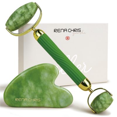Rena Chris Face Roller &amp; Gua Sha Set, Natural Jade Massage Tools for Jawline Sculpting and Puffiness Reducing, Beauty &amp; Skincare
