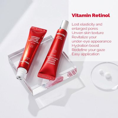 PS.PRETTYSKIN Roll On Eye Cream with Vitamin A and Stainless Steel ball Tip- Under Eye Roller Cream for Elasticity Wrinkles Puffiness Fine Lines-Korean eye cream 30ml/1.01fl.oz. (Retinol)
