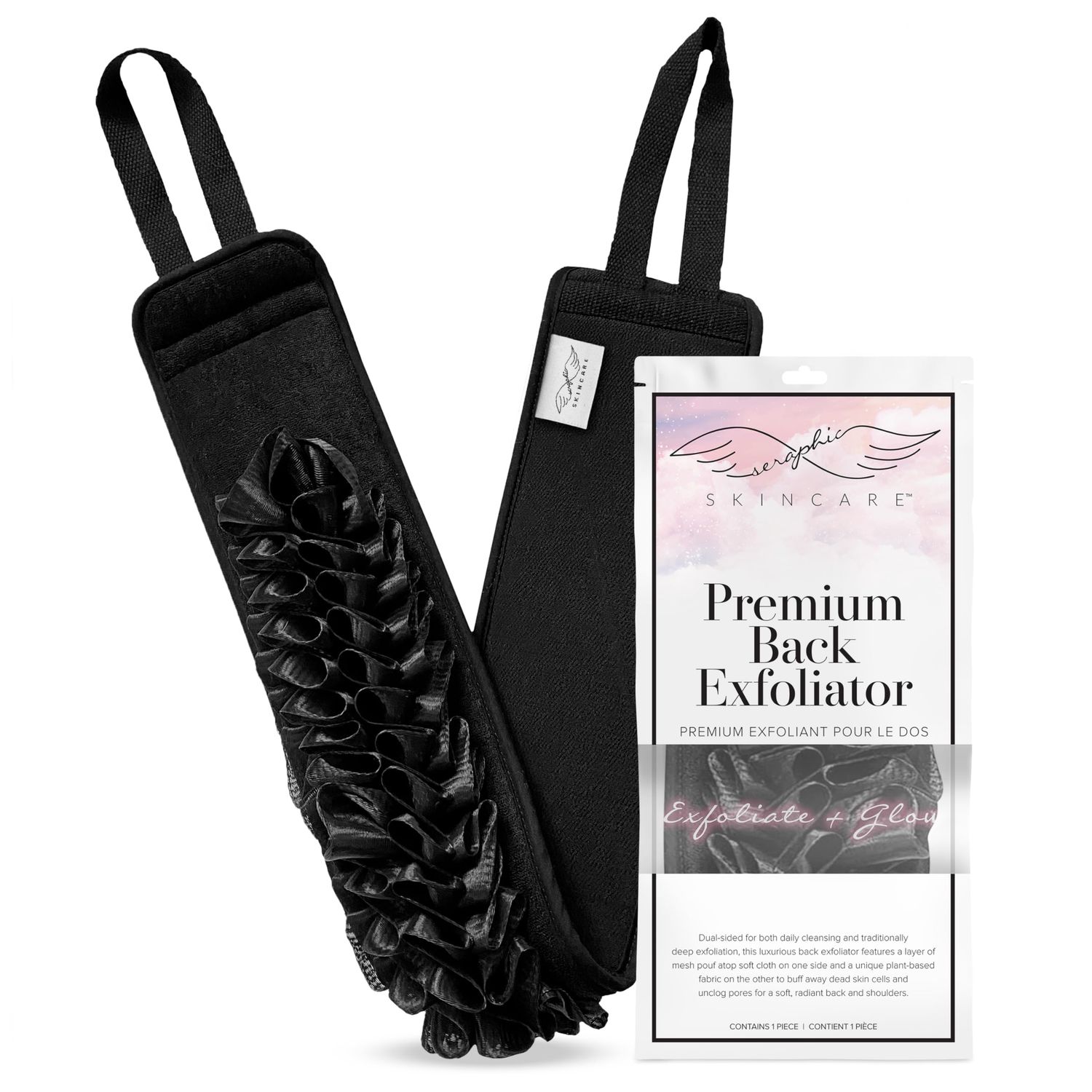 Seraphic Skincare Premium Back Exfoliator - Dual-Sided Back Scrubber for Men &amp; Women - 100% Vegan - Viscose Side for Deep Exfoliation, Mesh &amp; Washcloth Side for Cleansing - Bacne Prevention