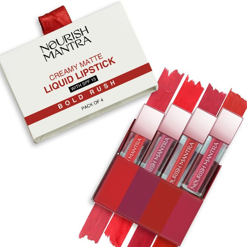 NOURISH MANTRA Matte Liquid Lipstick with SPF/Mini Lipstick/Water Proof/Smudge Proof/Transfer Proof/Long Lasting/For All Skin Tones/Set of - 4 (1.2ml Each)