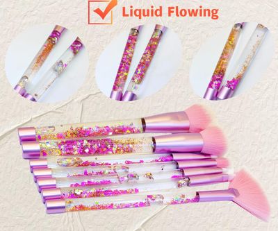 RAEEIKPHZ Sparkle Pink Makeup Brushes Set,Unicorn Glitter 7pc Foundation Blush Lip Nose Eyeshadow Eyebrow Loose Powder Fan Make Up Brushes Kit with Liquid for Kids Girls Teen Women Gift Present