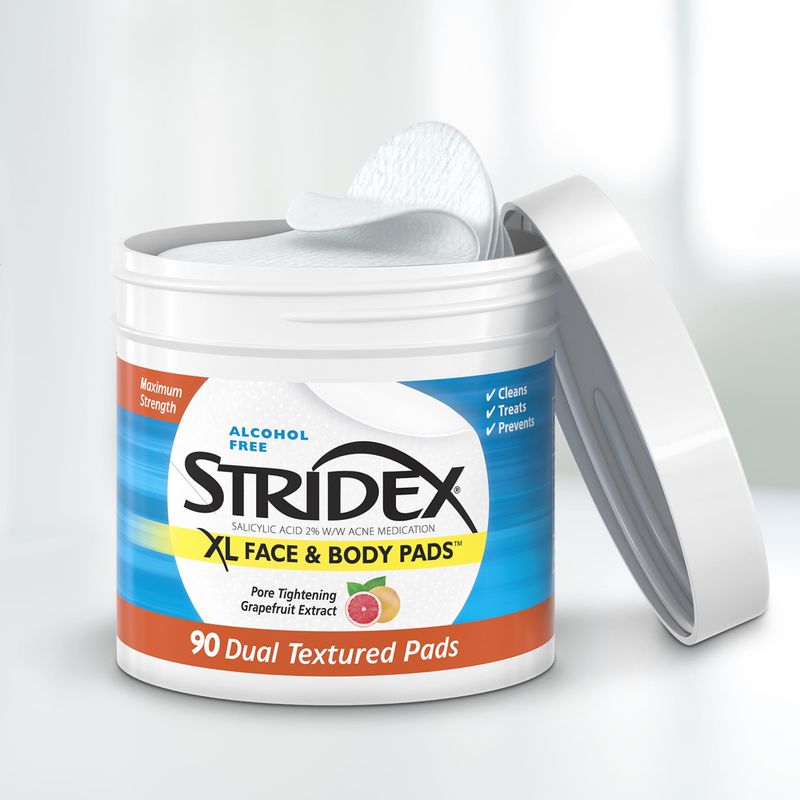 Stridex XL Face &amp; Body Pads, 90 Count, Maximum Strength, Facial Cleansing Wipes, Alcohol-Free Face Pads, Acne Treatment for Face &amp; Body, Dual Textured Pads, Smooth Application