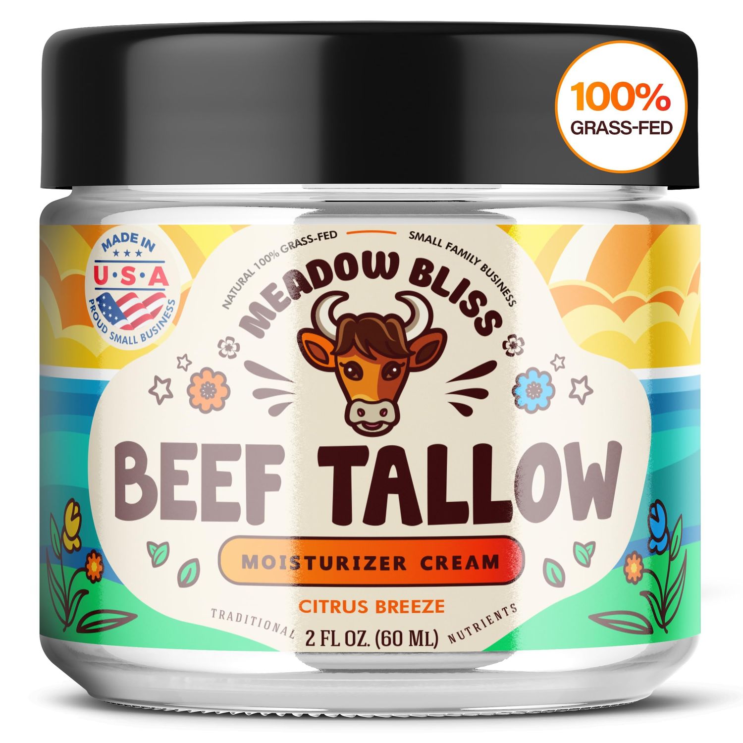 Meadow Bliss Beef Tallow for Skin - Moisturizer Cream - 100% Grass Fed - Whipped Beef Tallow - Organic Jojoba Oil - Organic Shea Butter - Supports Eczema, Rosacea+ - Made in USA - Citrus Breeze - 2 oz
