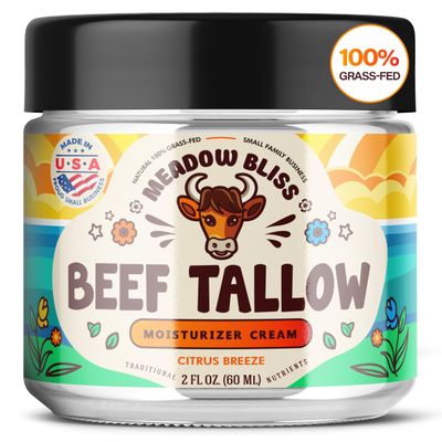 Meadow Bliss Beef Tallow for Skin - Moisturizer Cream - 100% Grass Fed - Whipped Beef Tallow - Organic Jojoba Oil - Organic Shea Butter - Supports Eczema, Rosacea+ - Made in USA - Citrus Breeze - 2 oz
