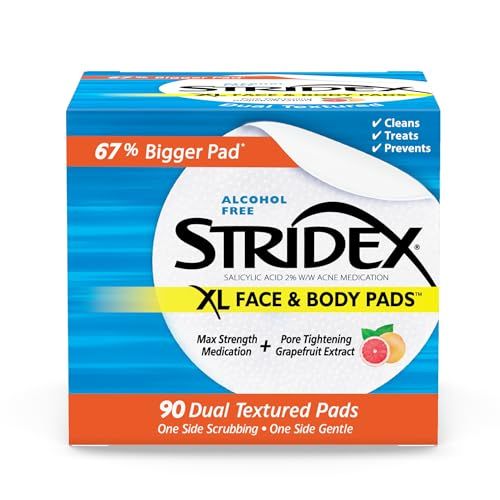 Stridex XL Face &amp; Body Pads, 90 Count, Maximum Strength, Facial Cleansing Wipes, Alcohol-Free Face Pads, Acne Treatment for Face &amp; Body, Dual Textured Pads, Smooth Application