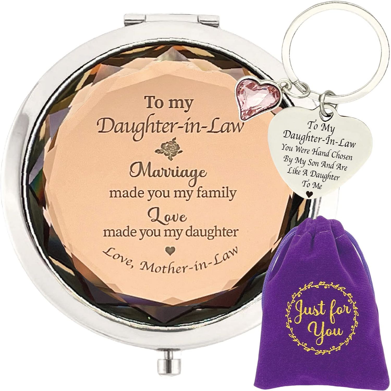 MALLAbyLAMMA to My Daughter in Law Gifts, Daughter-in-Law Compact Mirror Engraved, Daughter in Law Keychain, Sentimental Gift for Daughter in Law Birthday Christmas Mothers Day