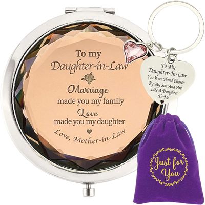 MALLAbyLAMMA to My Daughter in Law Gifts, Daughter-in-Law Compact Mirror Engraved, Daughter in Law Keychain, Sentimental Gift for Daughter in Law Birthday Christmas Mothers Day