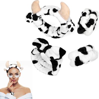 Nabegum 4PCS Cow Print Headbands for Washing Spa Face Wristband Set, Bath Makeup Skincare Hair Bands Western Highland Stuff Gifts for Women