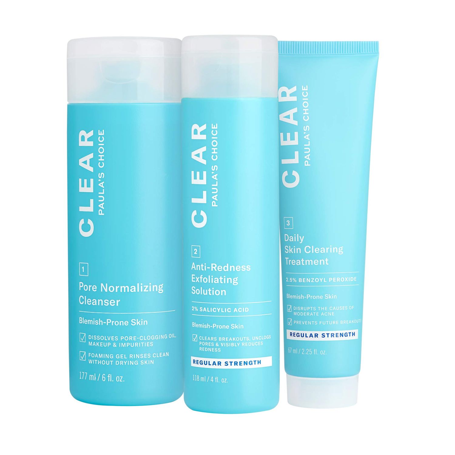 Paula&#39;s Choice CLEAR Regular Strength Acne Kit, 2% Salicylic Acid &amp; 2.5% Benzoyl Peroxide for Facial Acne &amp; Pores, Redness Relief, PACKAGING MAY VARY