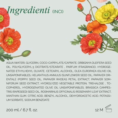 LErbolario Sweet Poppy Body Cream - Moisturizing Cream for Dry Skin - Firming Poppy Flower Extracts - Olive Oil, Skin-Tightening Vitamin E - 6.7 oz