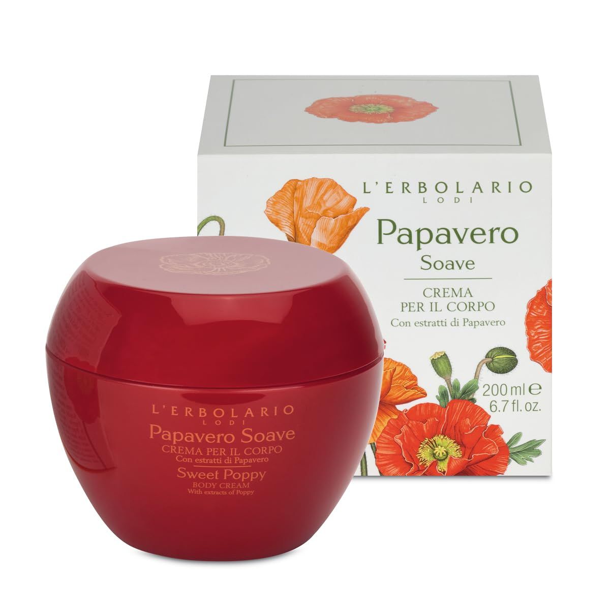 LErbolario Sweet Poppy Body Cream - Moisturizing Cream for Dry Skin - Firming Poppy Flower Extracts - Olive Oil, Skin-Tightening Vitamin E - 6.7 oz