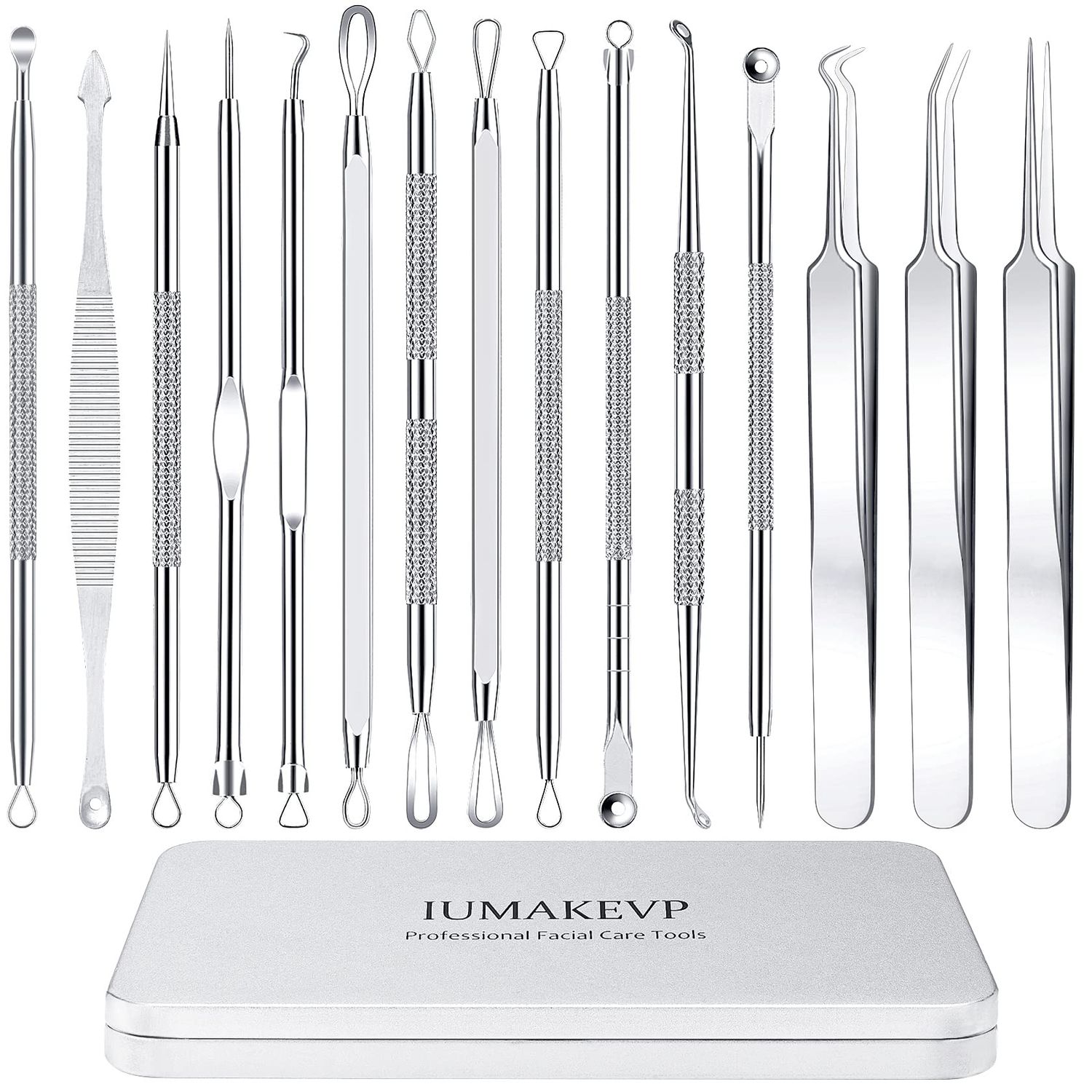Pimple Popper Tool Kit, IUMAKEVP 15 PCS Professional Stainless Steel Blackhead Remover Comedone Extractor Tools for Removing Zit on Face - Acne Removal Kit with Metal Case (Silver)