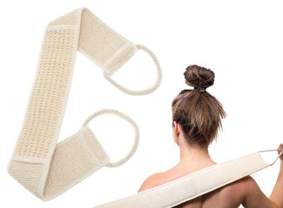 S&amp;T INC. Dual Textured Exfoliating Back Scrubber for Shower, Body Exfoliator with Handles, Back Scratcher, 28 in x 3.5 in, Cream