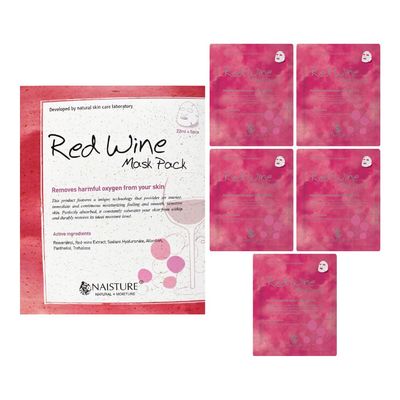 Naisture Premium Facial Mask - Red Wine 5 Pack, Korean Face Mask for Smooth, Moisturizing Skin Care, All Skin Types, Home Spa Self Care Gift Masks for Women &amp; Men
