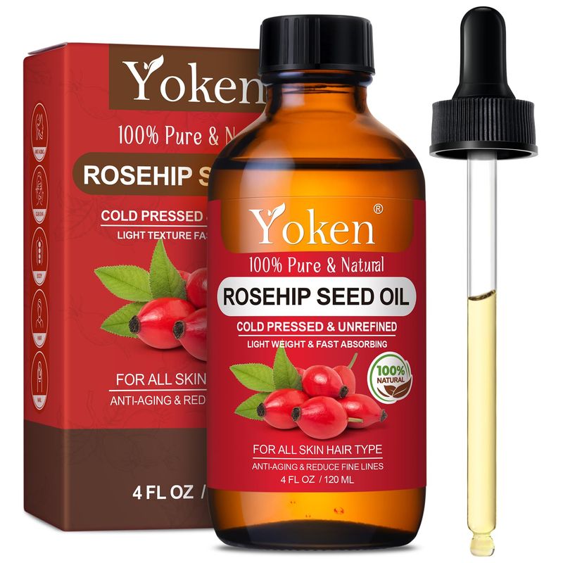 Yoken Rosehip Seed Oil For Face,100% Pure Rosehip Oil For Skin,Scars,Hair &amp; Nails.4 fl Oz Cold Pressed Rose Hips Oil For Skin Care, Anti-Aging, Scar Treatment, GUA SHA Massage Carrier Oil