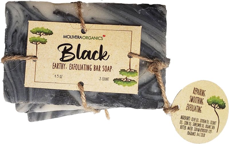 Molivera Organics Handmade Black Soap (3 Count) - Soothing Face and body cleansing and moisturizing. Safe for all skin types. With activated charcoal.