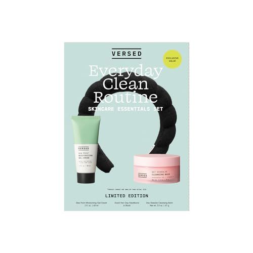 Versed Everyday Clean Routine Travel Essentials 3-Piece Skincare Set - Dew Point Gel Cream (2 fl oz), Good Hair Day Black Headband &amp; Day Dissolve Cleansing Balm (2.3 oz) - Non-Toxic + Vegan