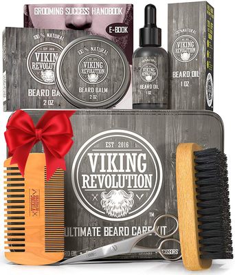 Viking Revolution Beard Care Kit for Men - Kit includes 100% Boar Beard Brush, Wooden Comb, Beard Balm, Beard Oil, Beard &amp; Mustache Scissors in a Metal Box