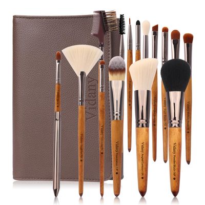 Makeup Brush Set: 15pcs Walnut Wooden Makeup Brushes With Leather Button Bag, Professional Makeup Brushes For Foundation Concealer Kabuki Blush Eyeliner Shadow Brow, Makeup Brush Sets &amp; Kits