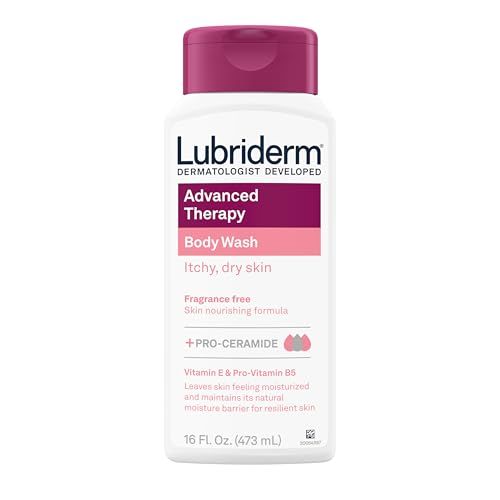 Lubriderm Advanced Therapy Body Wash, Unscented Nourishing Cleanser with Pro-Ceramide, Vitamin E &amp; Pro-Vitamin B5 Gently Cleanses Itchy, Dry Skin, Fragrance Free, Hypoallergenic, 16 fl. oz