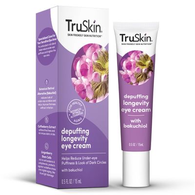 TruSkin Longevity Eye Cream - Caffeine Eye Cream with Bakuchiol, Lingonberry Stem Cells &amp; Green Coffee Bean - Skin Care Made to Help Transition from Anti Aging to Healthy Aging, 0.5 fl oz