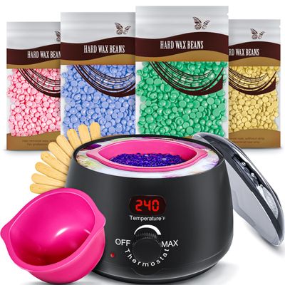 Waxing Kit for Hair Removal for Women, Silicone Form, 4 Pack Hard Wax Beads, Different Type of Hair, 20 Sticks, Sensitive Skin, Wax Kit with 34 Wax Items for Home, Full Body, Black
