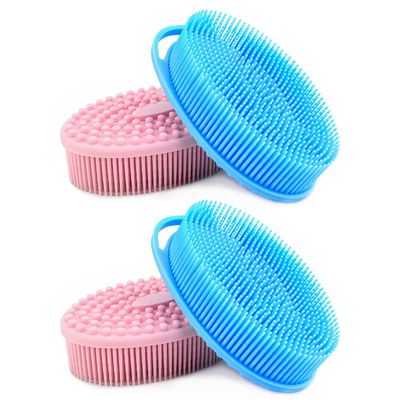 Linkidea Exfoliating Silicone Body Scrubber, 4 Pack Bath Body Brush for Shower, SPA Massage Skin Care Tool for Kids Women Men (Blue, Pink)