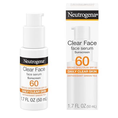 Neutrogena Clear Face Serum Sunscreen with Green Tea, Broad Spectrum SPF 60, Non-Comedogenic Face Sunscreen for Lightweight UVA/UVB Protection, Oxybenzone- &amp; Fragrance-Free, 1.7 fl. oz